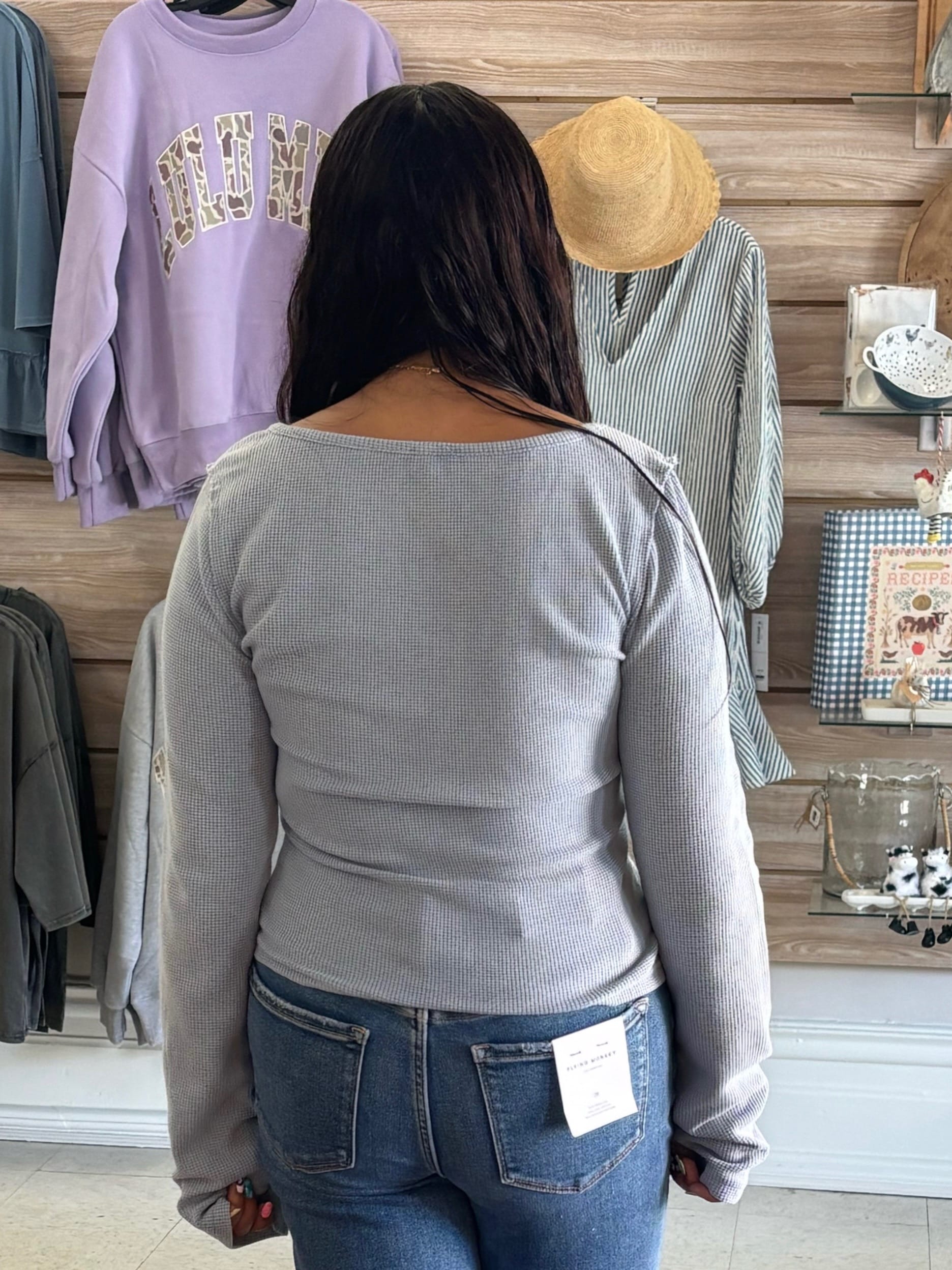 Waffle V-Neck Crop Long Sleeve Powder Blue Pol Clothing Casual Top