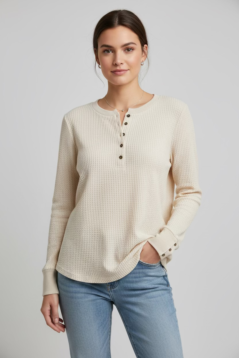 Waffle Weave Henley in Ecru Easel Casual Top Medium