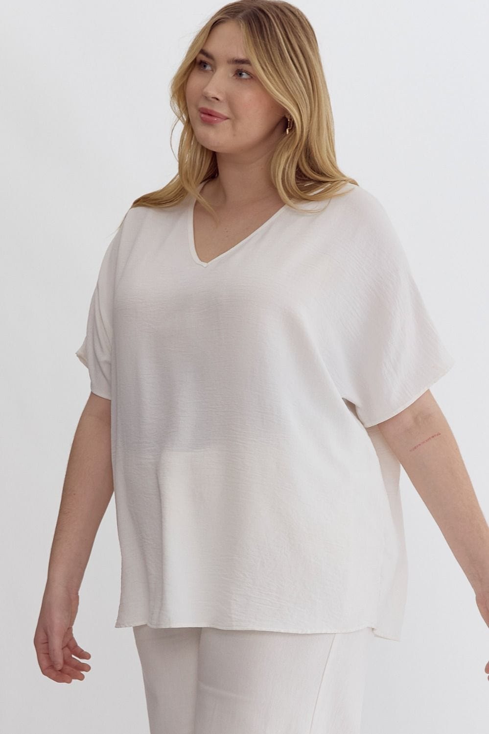 White V-Neck Short Sleeve Top | XL-2X Entro Plus Size XL