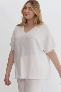 Thumbnail for White V-Neck Short Sleeve Top | XL-2X Entro Plus Size XL