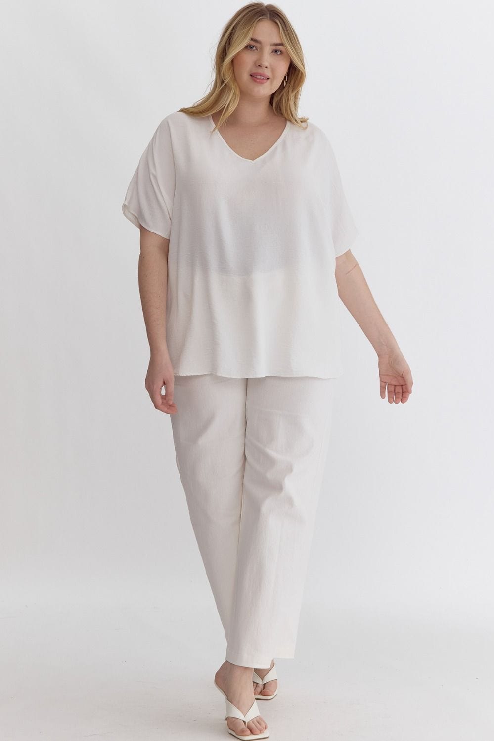 White V-Neck Short Sleeve Top | XL-2X Entro Plus Size