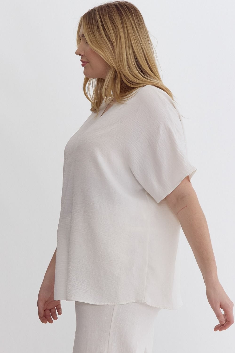 White V-Neck Short Sleeve Top | XL-2X Entro Plus Size