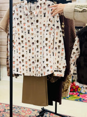 Woven Blouse, Creme , Dog Print Modes Corwik Collections LLC
