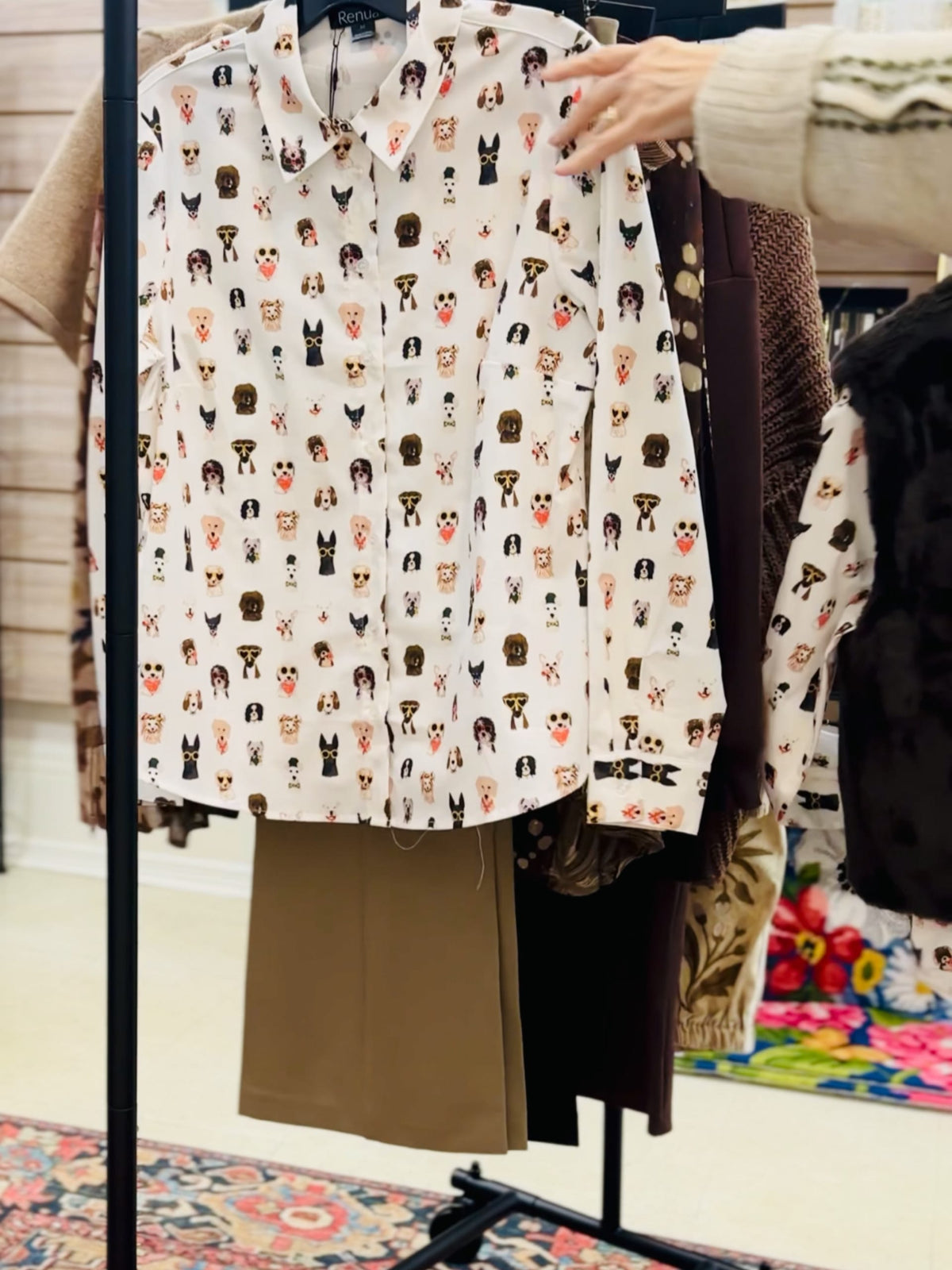 Woven Blouse, Creme , Dog Print Modes Corwik Collections LLC