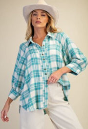 Woven Plaid Button Down Shirt in Turquoise Easel Casual Top