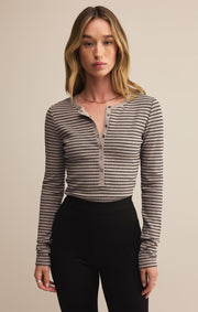 Z Supply Stella Stripe Henley in Heather Taupe Z Supply Casual Top