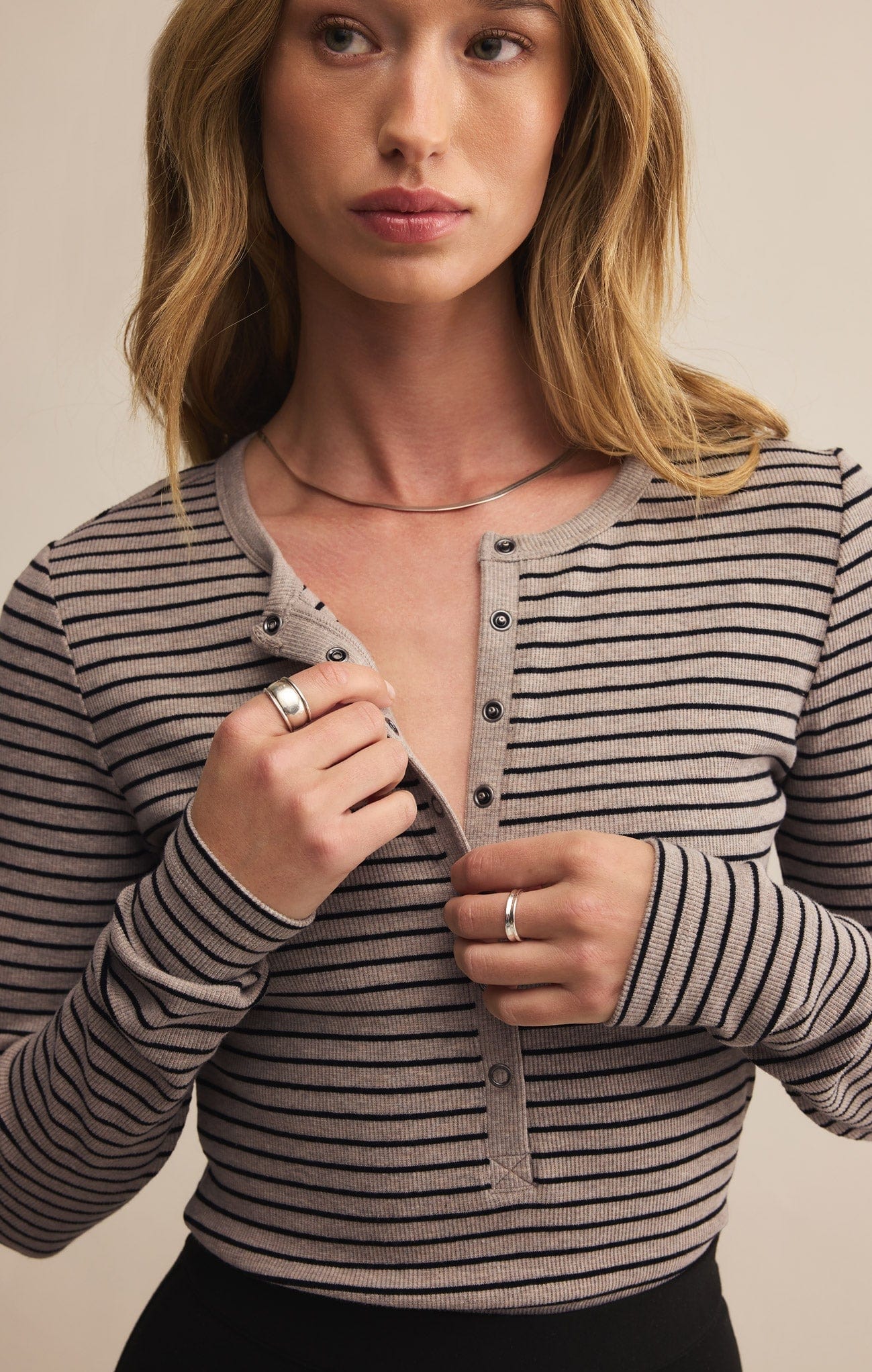 Z Supply Stella Stripe Henley in Heather Taupe Z Supply Casual Top