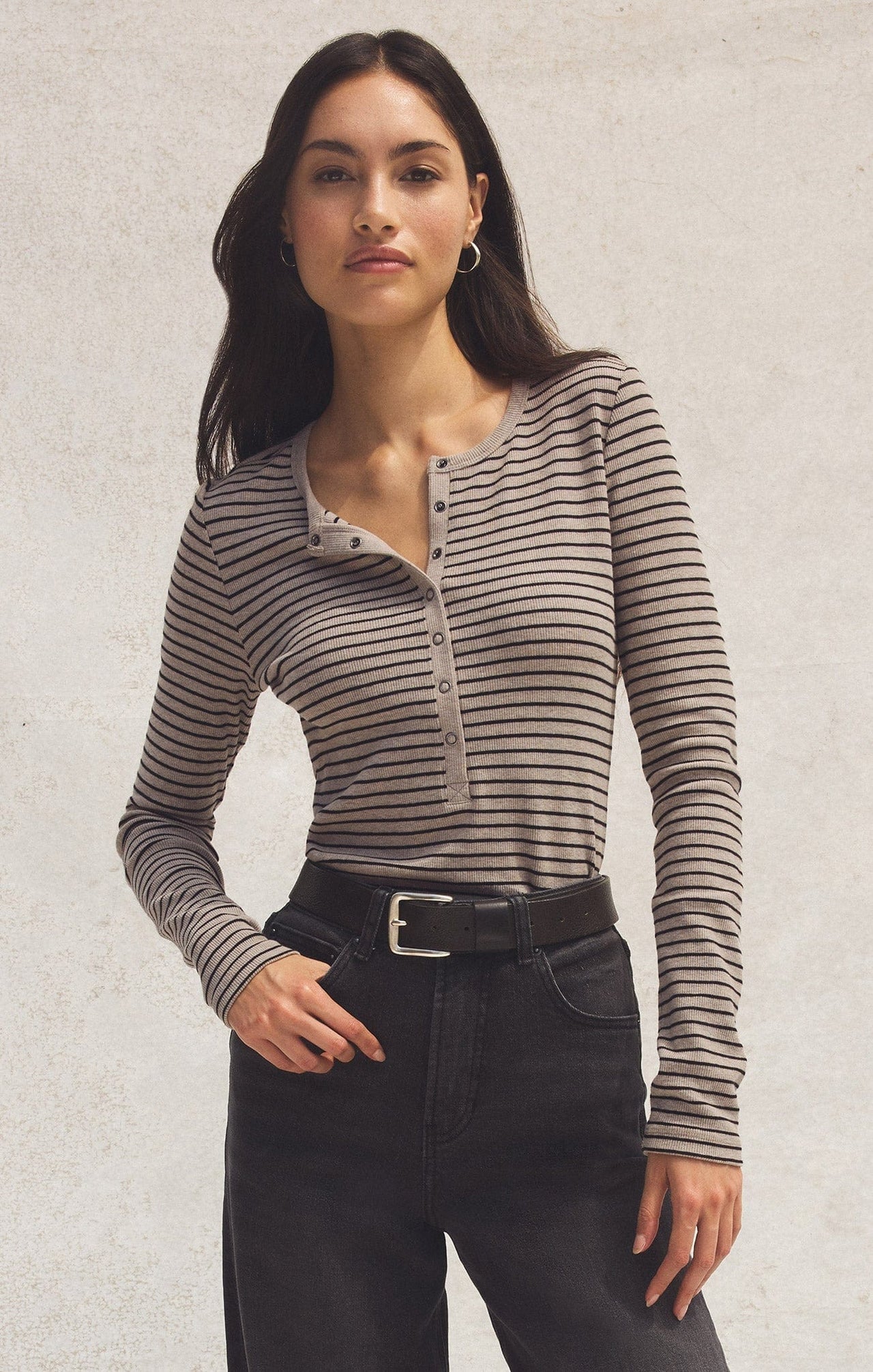 Z Supply Stella Stripe Henley in Heather Taupe Z Supply Casual Top S