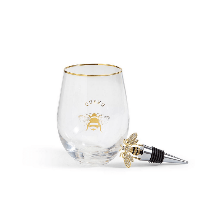 Bee Stemless Wine Glass and Wine Stopper Two's Company wine glass