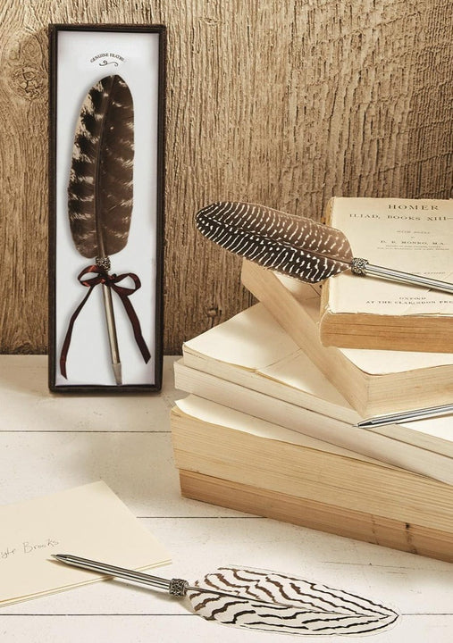 Feather Pen and Ink Set with Stand, Brown