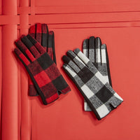 Thumbnail for Two's Company tech touch buffalo check gloves in 2 color ways on a red background