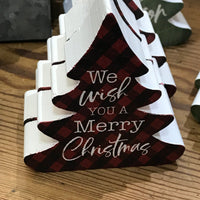 Thumbnail for Little Wooden Christmas Trees P G Dunn Christmas Ornament We wish You a Merry Christmas