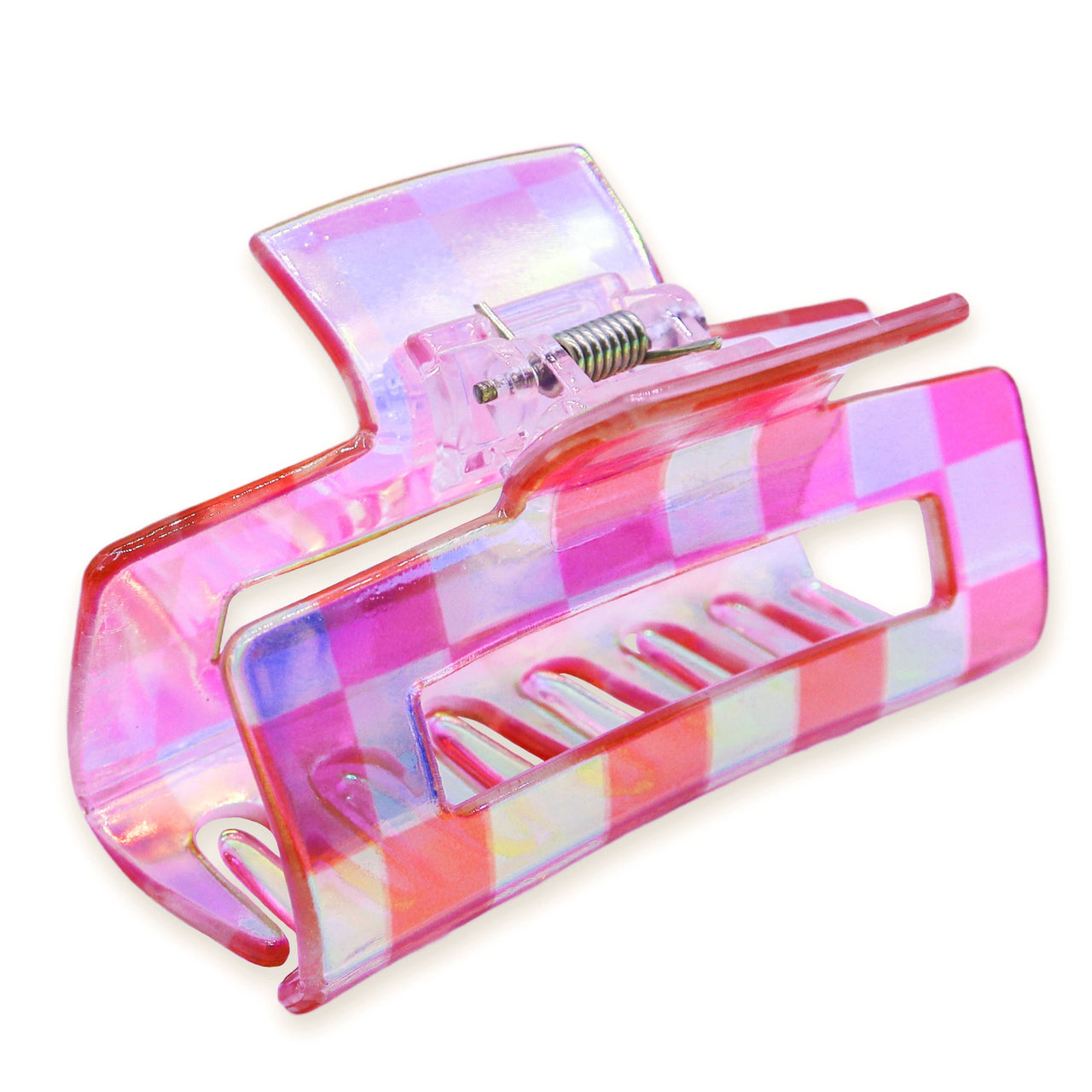 Medium Square Iridescent Checkered Hair Claw Clip Frog Sac Pink