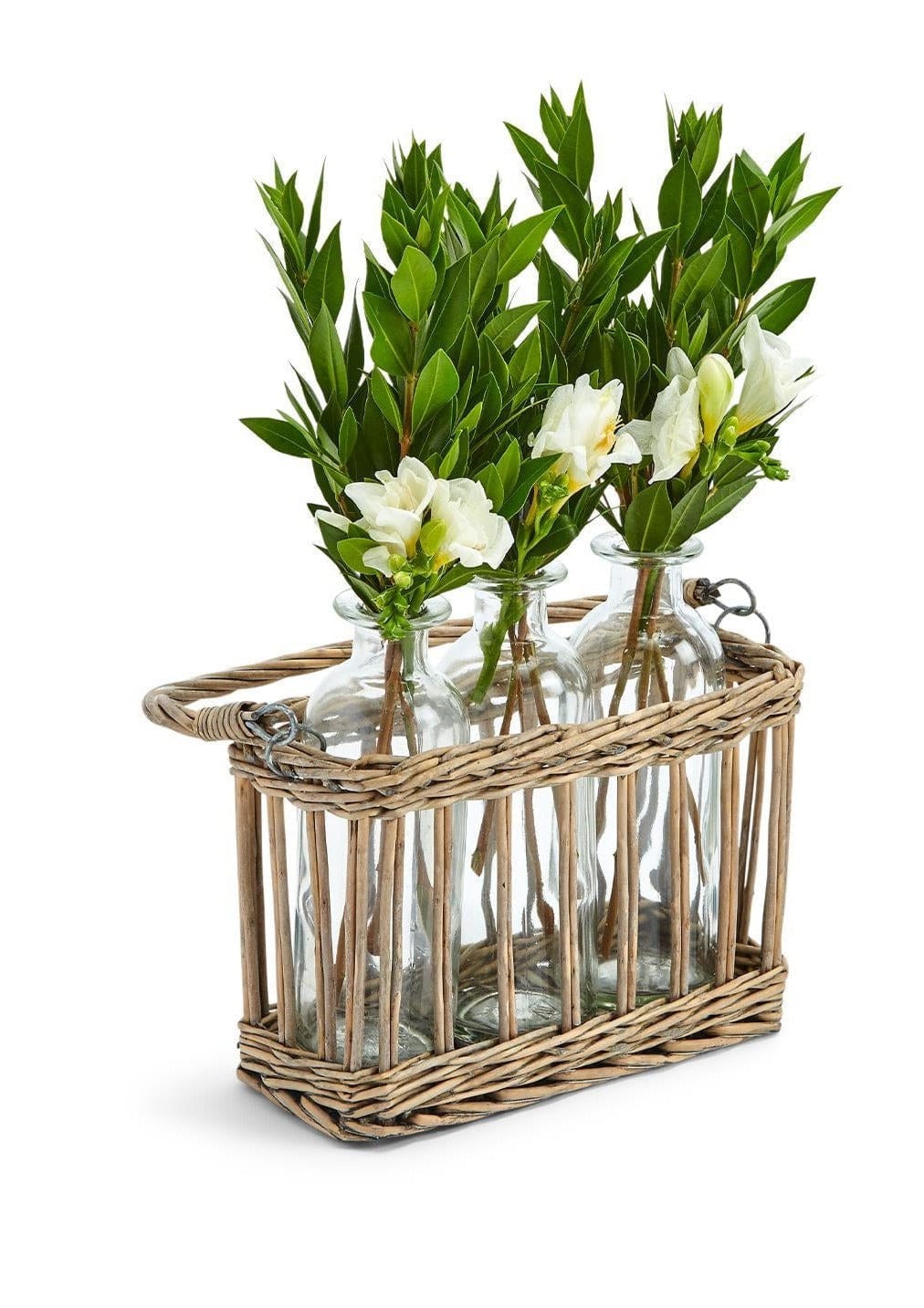 Soiree Flower Glass Bottle Vases in Basket Two's Company Vases